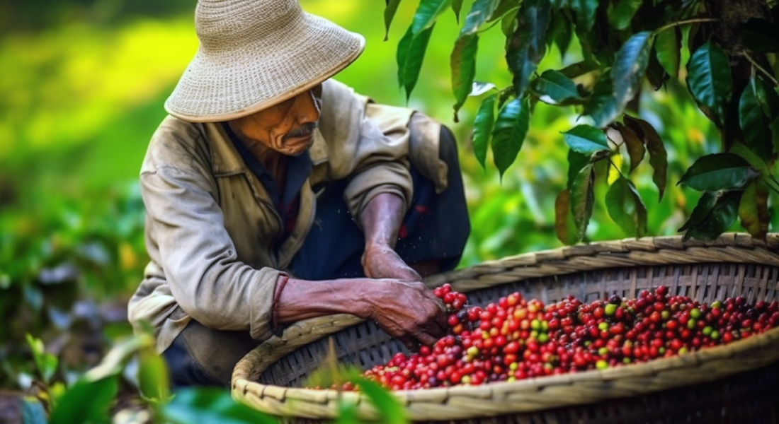 Vietnamese farmer collecting coffee beans.